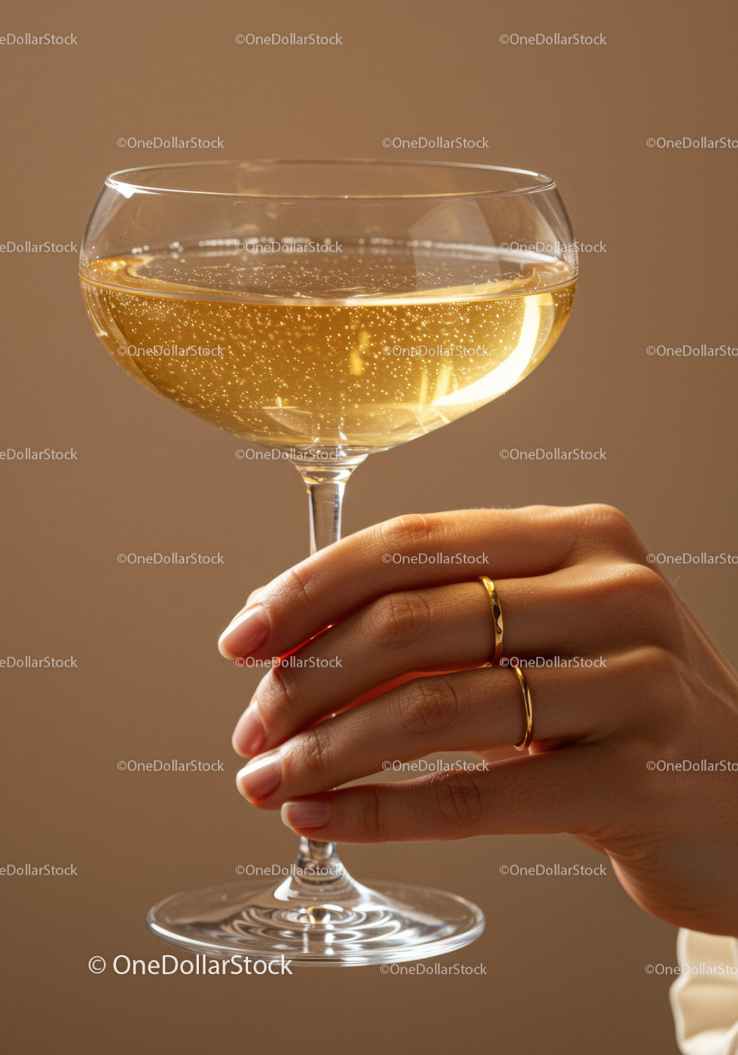 Elegant hand holding champagne coupe glass with bubbles