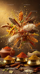 Colorful Indian spices floating in vibrant motion