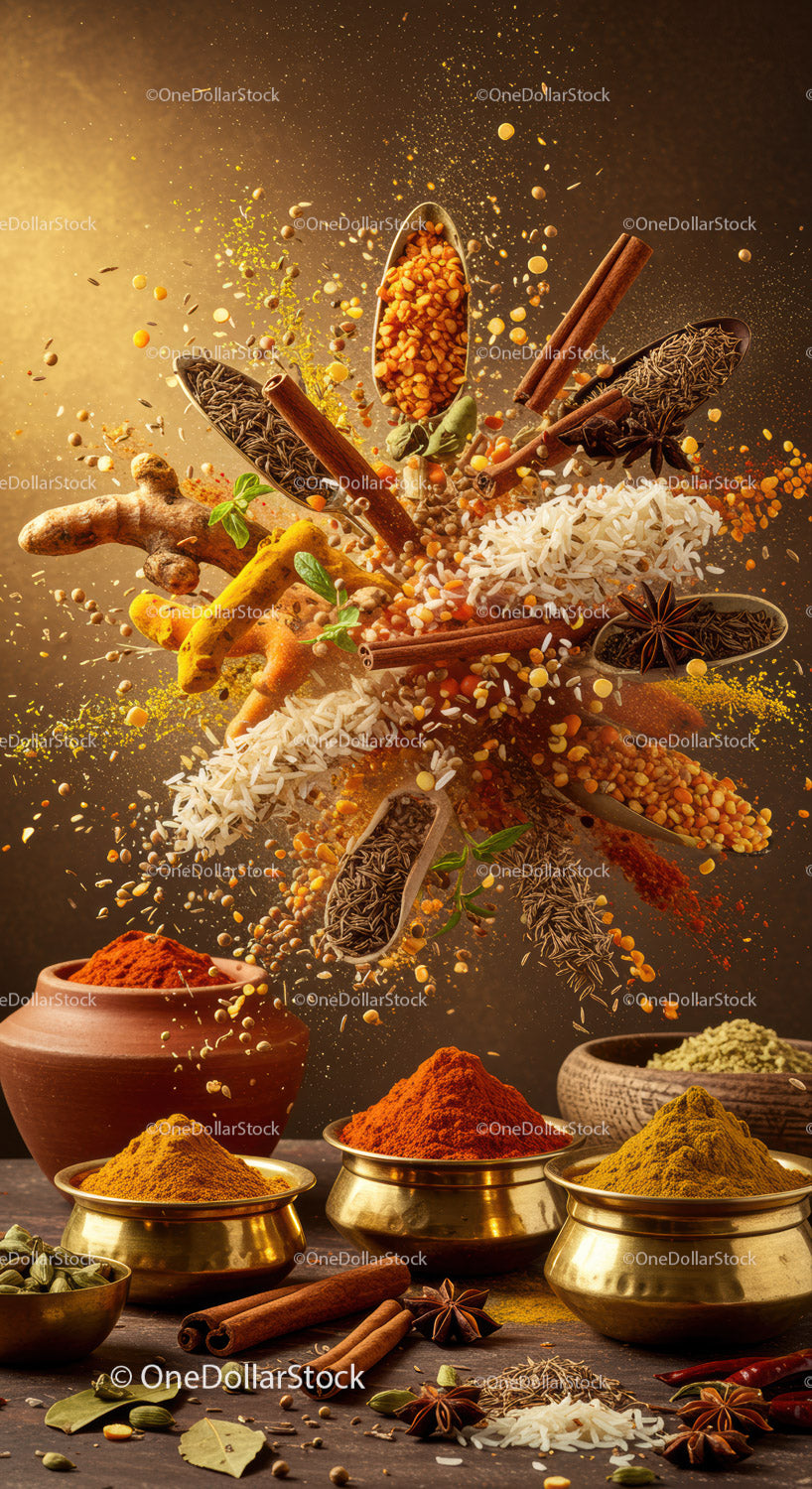 Colorful Indian spices floating in vibrant motion