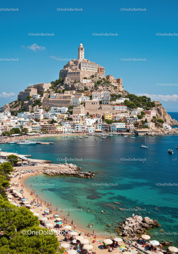 Scenic Coastal Town with Fortress and Beach Under Bright Blue Sky