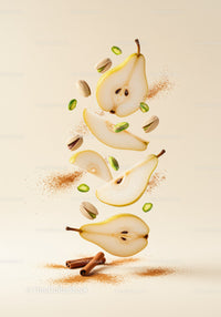 Floating slices of pear with pistachios and cinnamon sticks