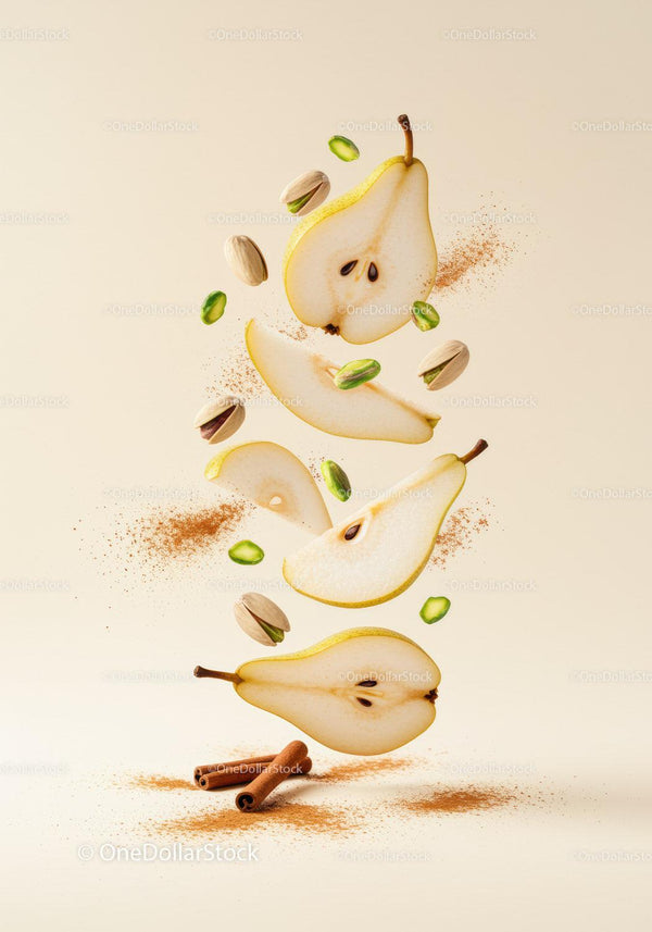 Floating slices of pear with pistachios and cinnamon sticks