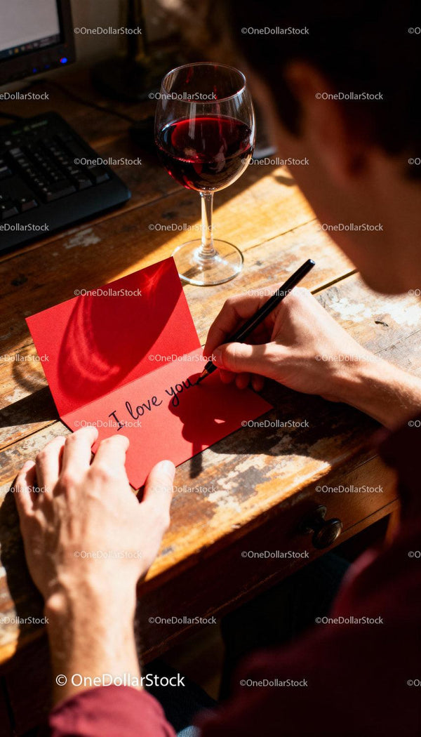Man Writing I Love You Card with Red Wine on Wooden Desk