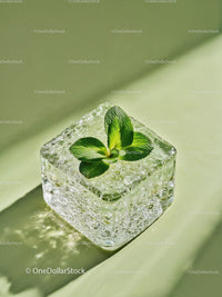 Fresh mint leaves encased in a melting ice cube