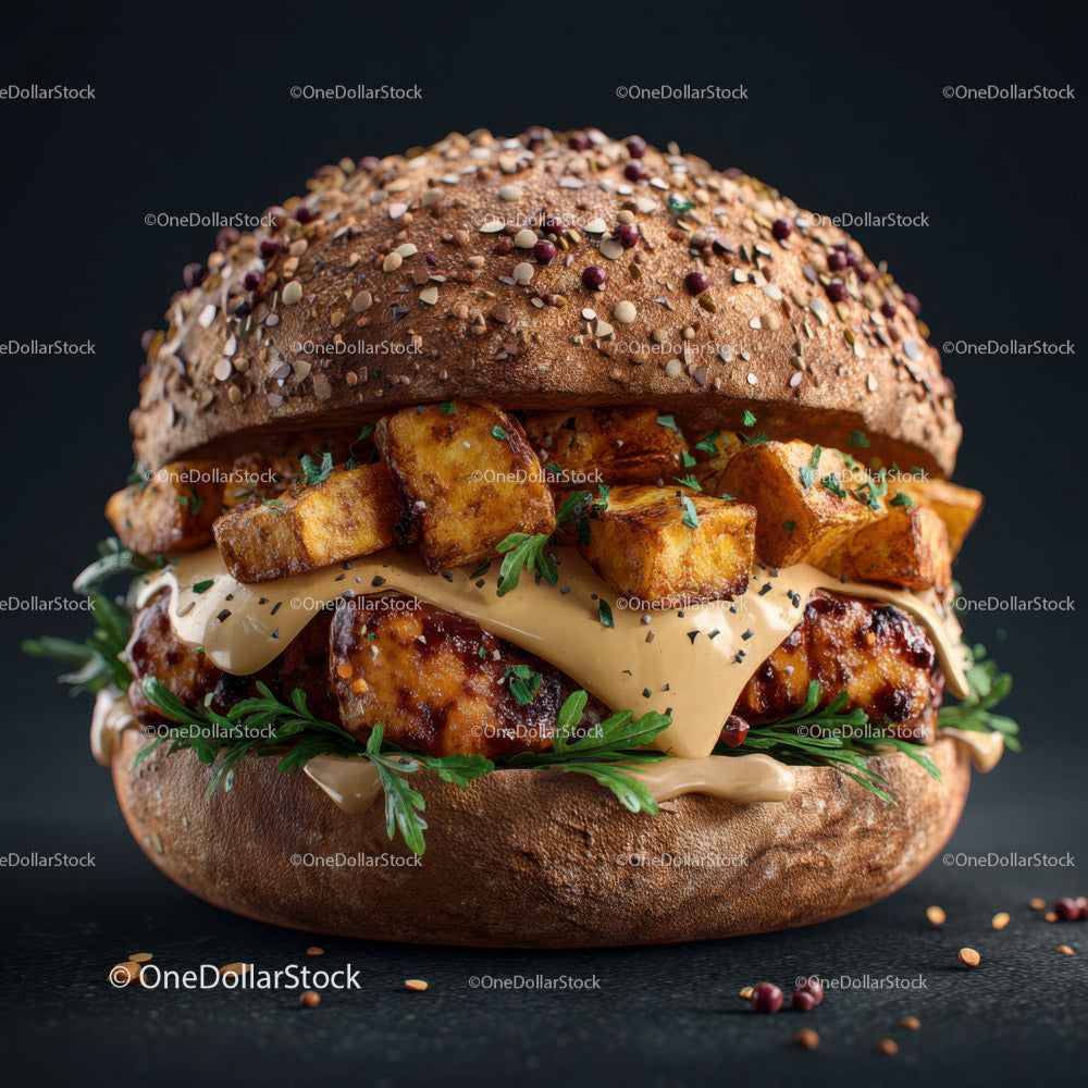 Wykwintny smażony burger z kurczakiem, ziemniakami i świeżą zieleniną