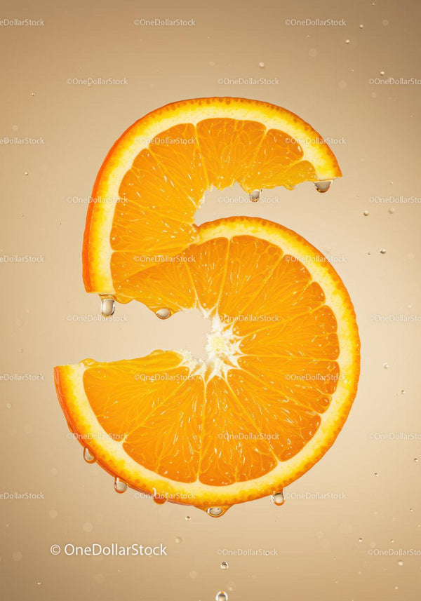 Fresh Orange Slices Forming Number Six with Water Drops