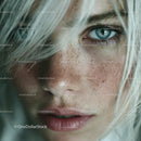 Close-Up of a Woman's Blue Eye with Freckles and Blonde Hair