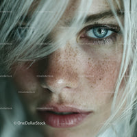 Close-Up of a Woman's Blue Eye with Freckles and Blonde Hair