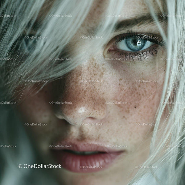Close-Up of a Woman's Blue Eye with Freckles and Blonde Hair