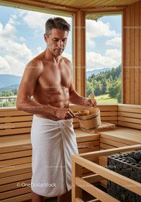 Relaxing Man in Sauna with Mountain View and Blue Sky Outdoors