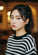Young Asian Woman in Black and White Striped Sweater Portrait