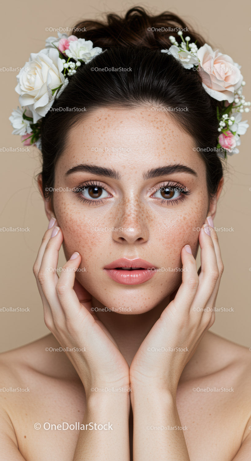 Natural Freckle Beauty with Floral Headband for Magazine and Lifestyle