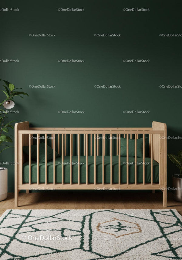 Modern Baby Crib in Cozy Nursery with Green Wall and Wooden Decor
