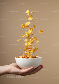 Hand Holding Bowl with Flying Cornflakes Against Brown Wall