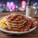 Stack of Pancakes with Syrup and Bacon for Breakfast or Brunch
