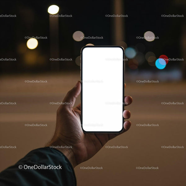 Hand Holding Smartphone with Bright Screen at Night JPG Mockup Image