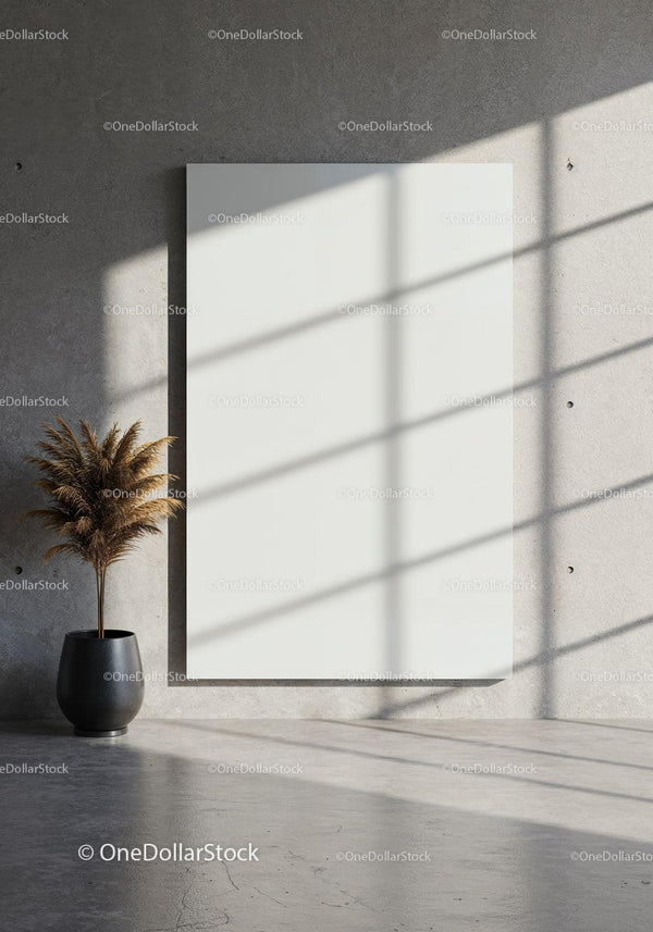 Minimalist room with blank canvas and potted dried plant JPG Mockup Image