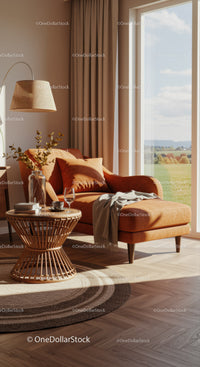Cozy chaise lounge by window with warm natural light