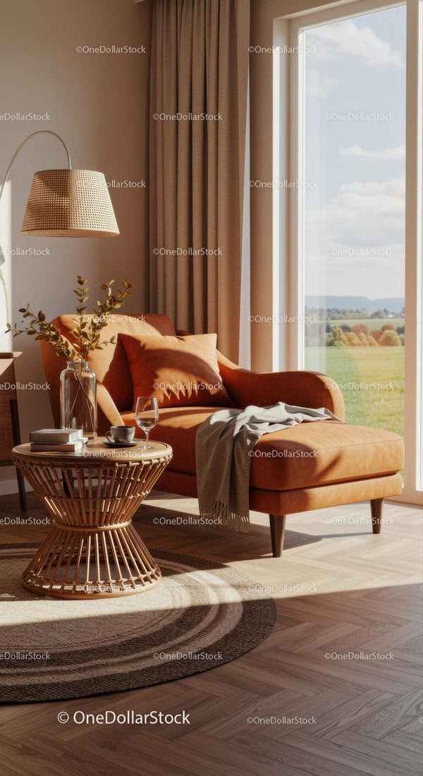 Cozy chaise lounge by window with warm natural light