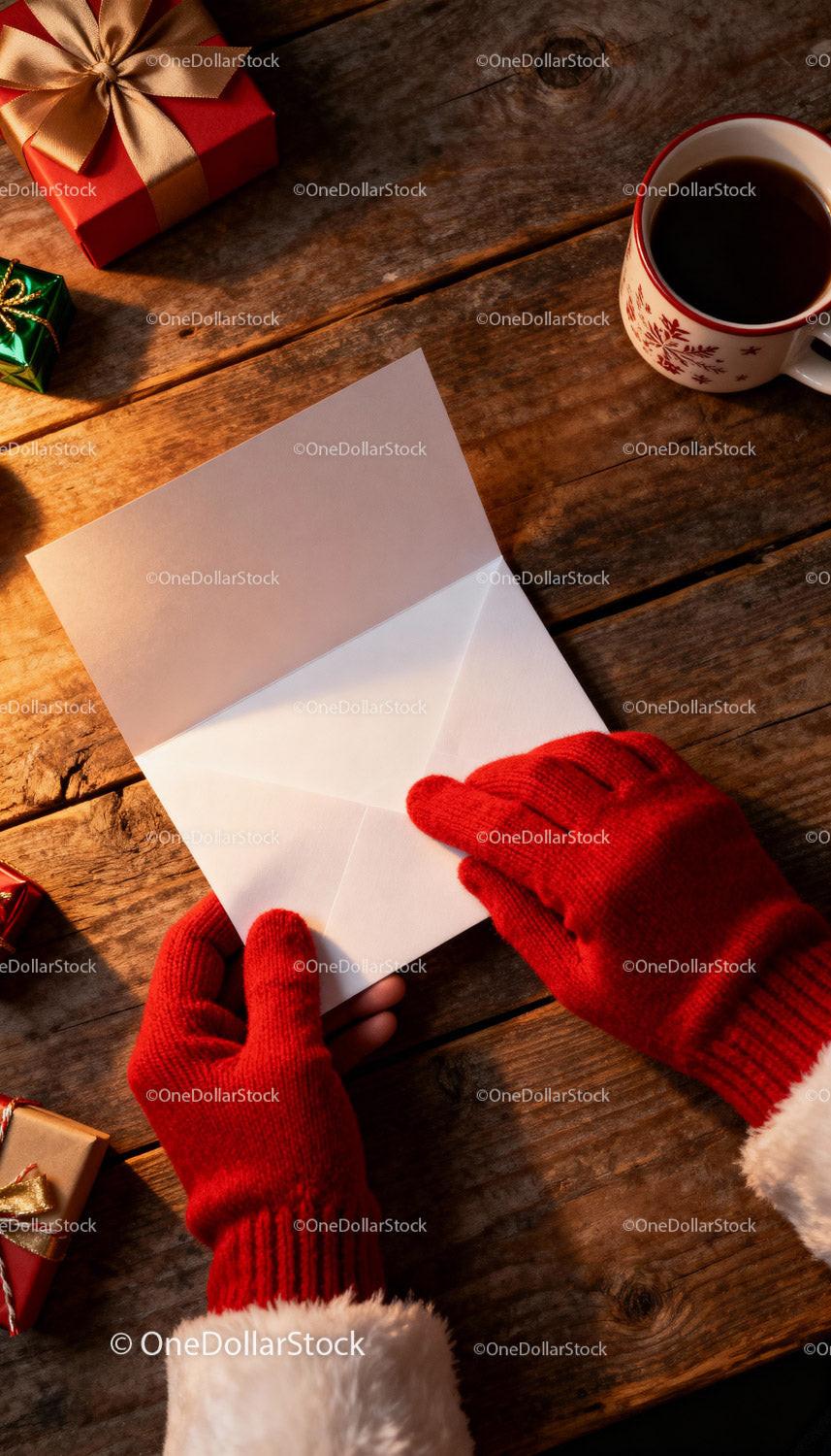Hands in Red Mittens Holding a Blank Greeting Card JPG Mockup Image preview