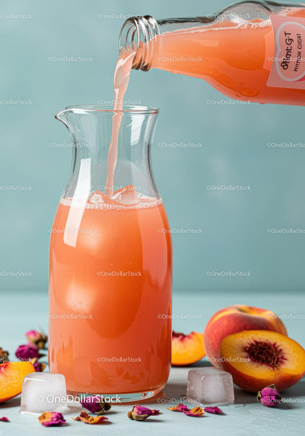Pouring Fresh Peach Juice into Glass Pitcher