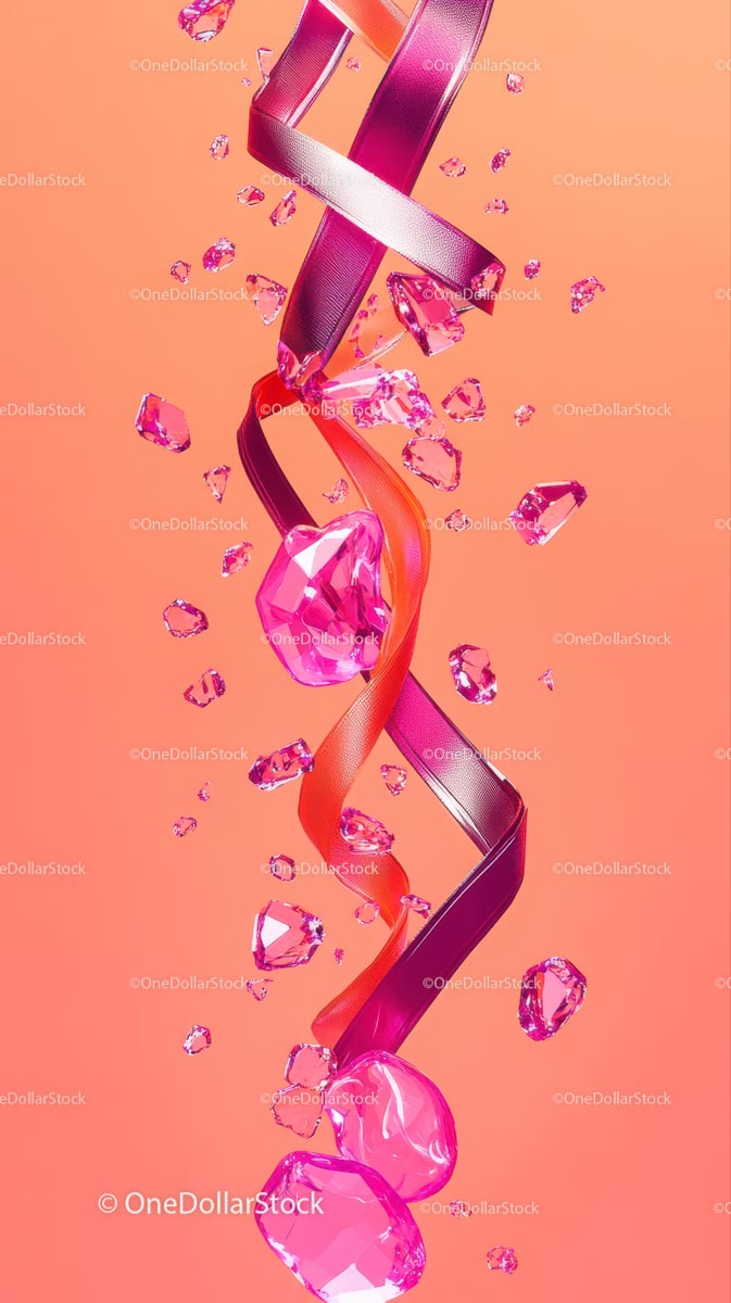 Colorful Ribbons and Pink Gemstones Floating in Artistic Composition