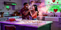 Couple playfully baking heart cookies for Valentines Day