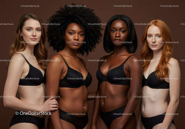Diverse women confidently posing in black lingerie set