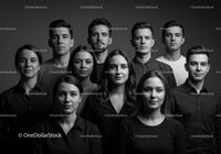 Serious young adults posing for black and white portrait