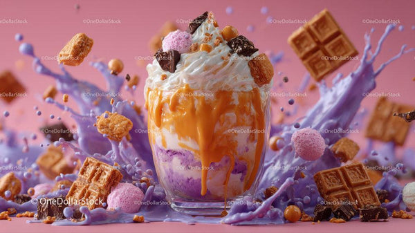 Colorful Ice Cream Sundae with Caramel and Chocolate Toppings