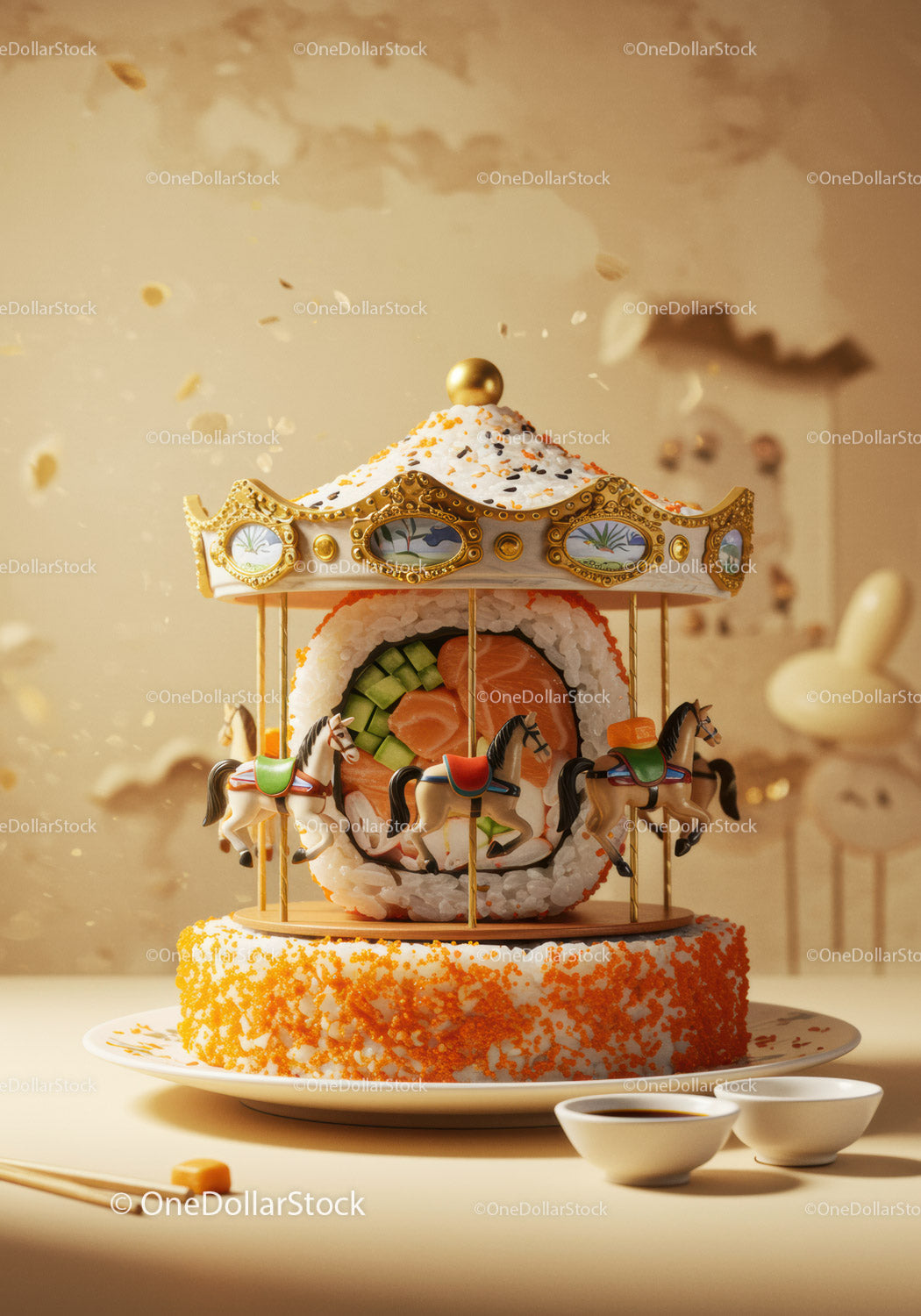Creative sushi carousel with vibrant fish and cucumber