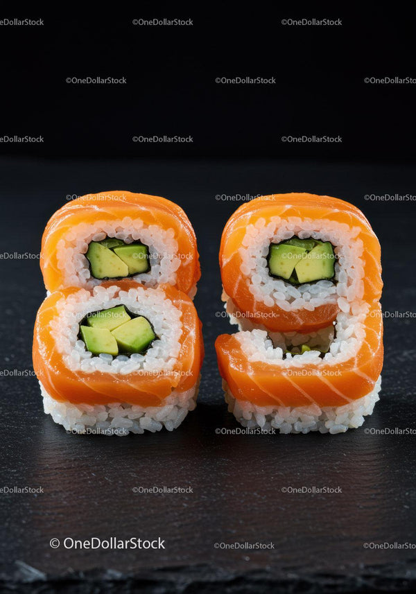 Fresh salmon sushi rolls with avocado on black slate