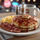 Delicious Pancake Stack with Bacon and Maple Syrup in Cozy Restaurant
