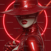 Futuristic Samurai in Neon Red Armor Holding Umbrella