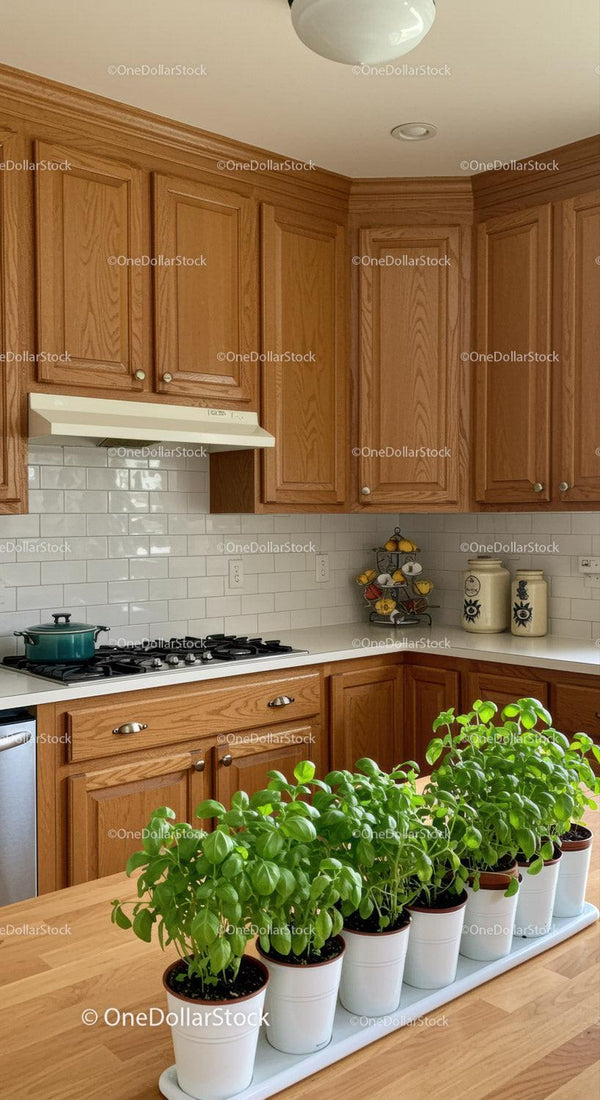 Bright Kitchen with Wooden Cabinets and Potted Basil