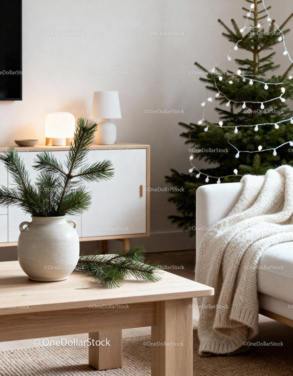 Cozy Living Room with Christmas Tree and Knit Blanket