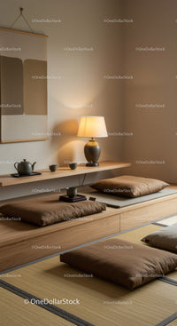 Minimalist Japanese Tea Corner with Warm Lighting