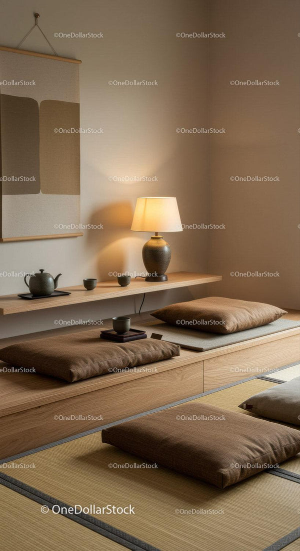 Minimalist Japanese Tea Corner with Warm Lighting