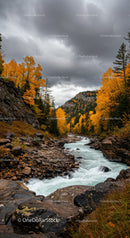 Mountain River Flowing Through Autumn Forest Landscape