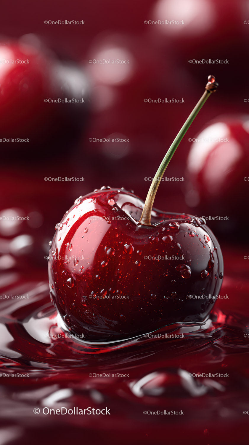 Close-up of Juicy Red Cherry with Water Droplets