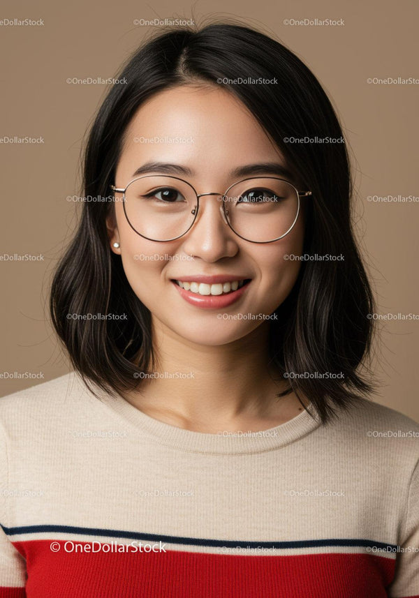 Young Woman in Glasses with Bright Smile and Natural Makeup