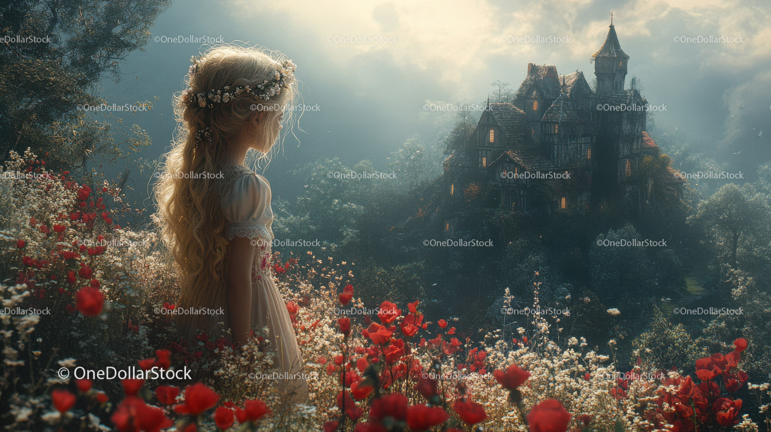 Enchanting Fairy Tale Forest with Mystical Castle and Girl in White Dress