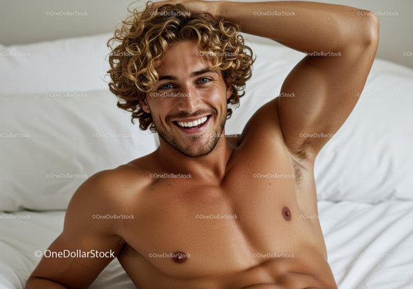 Smiling young man relaxing shirtless on bed