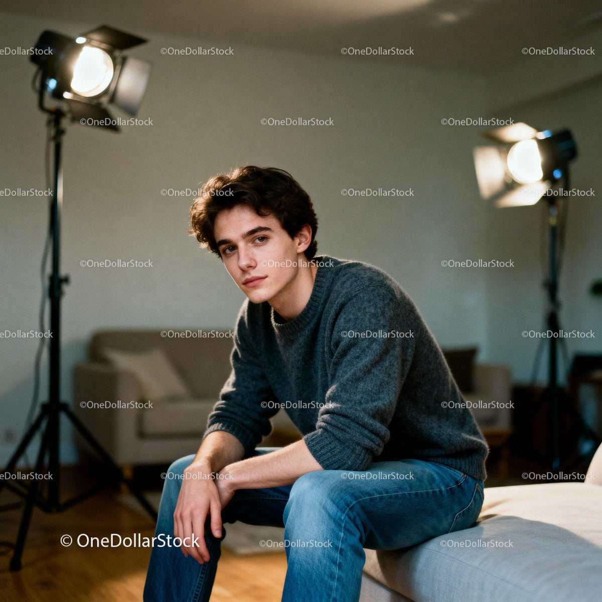 Young man in casual clothes sitting indoors thoughtfully