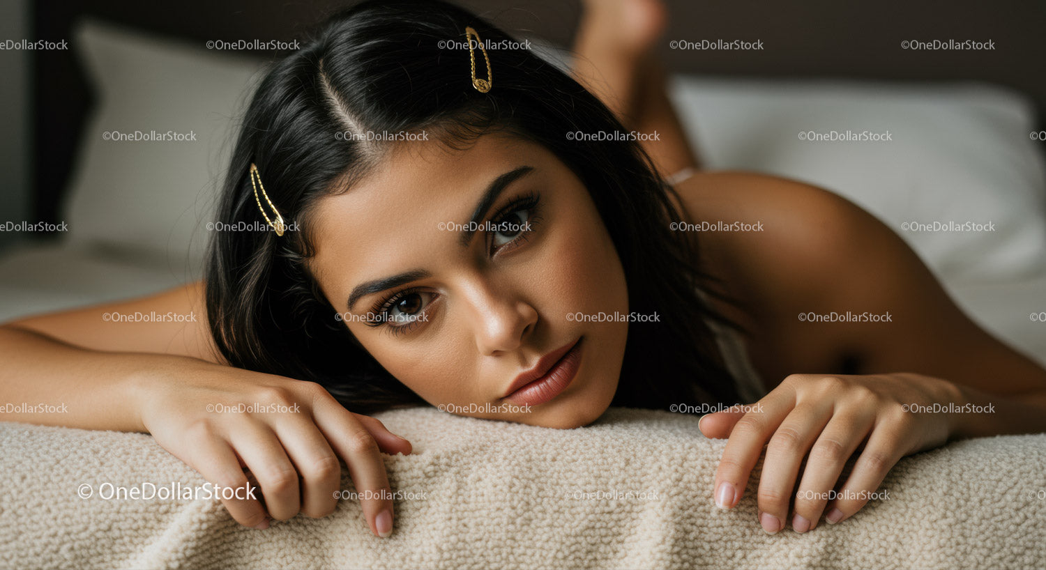 Brunette Woman Relaxing on Bed in Cozy Bedroom Scene