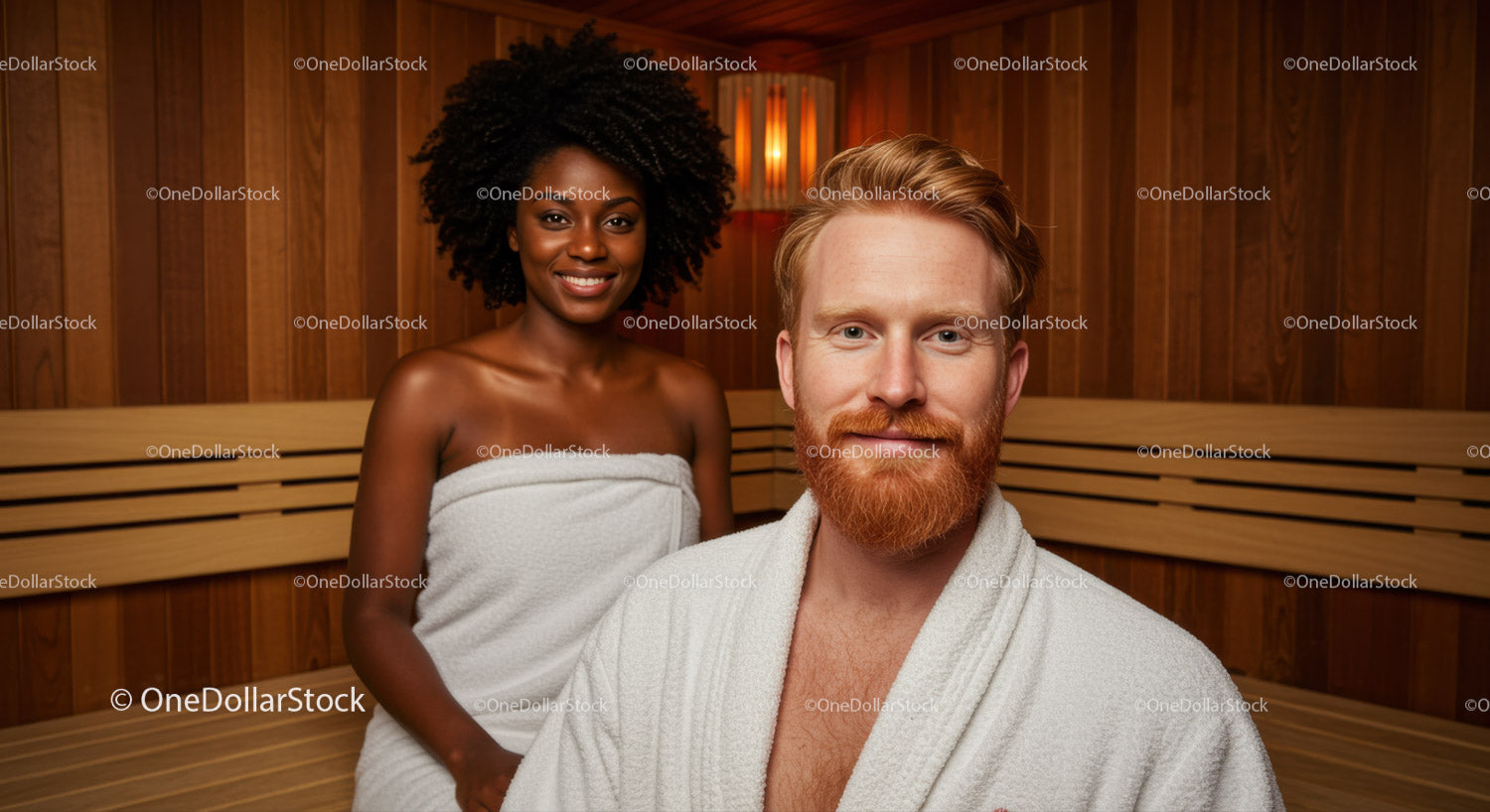 Smiling Couple Enjoying Relaxation in Sauna with Wooden Interior