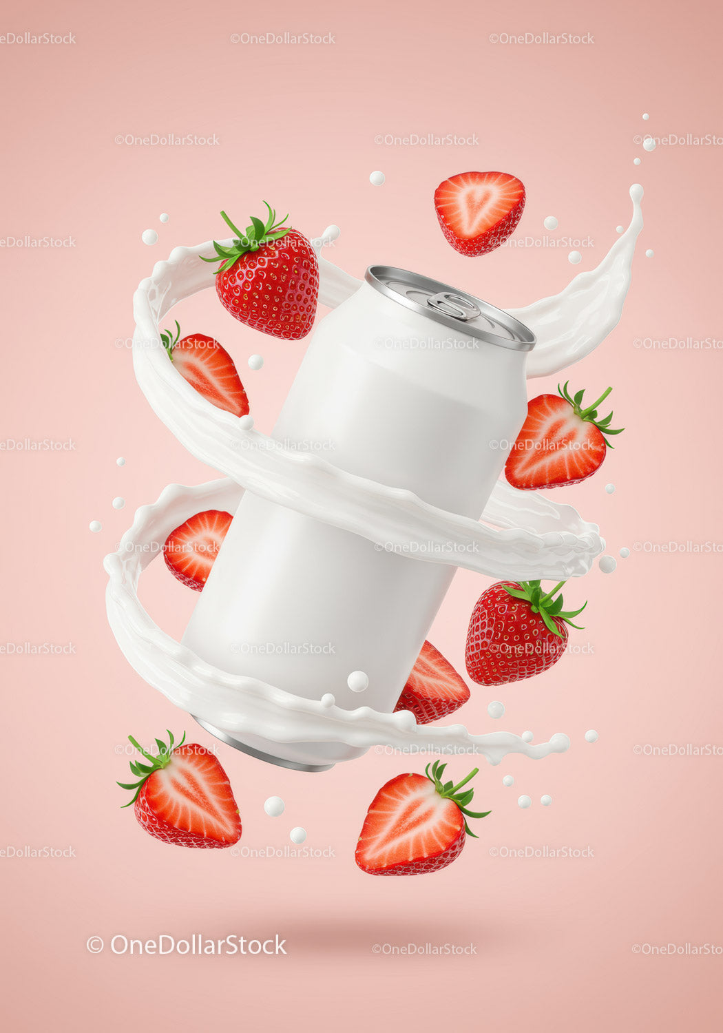 Refreshing canned drink with fresh strawberries and milk splash