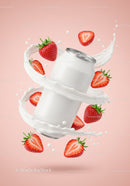 Refreshing canned drink with fresh strawberries and milk splash