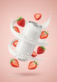 Refreshing canned drink with fresh strawberries and milk splash