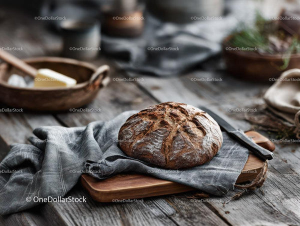Rustic Artisan Bread on Wooden Table with Kitchen Background Stock Photo Bundle (16 JPG Files)